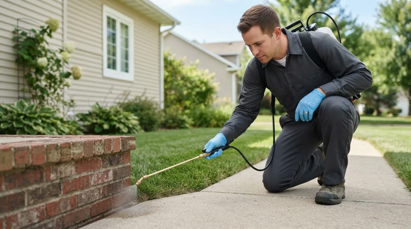 Pest control technician treating a home near Duxbury, MA