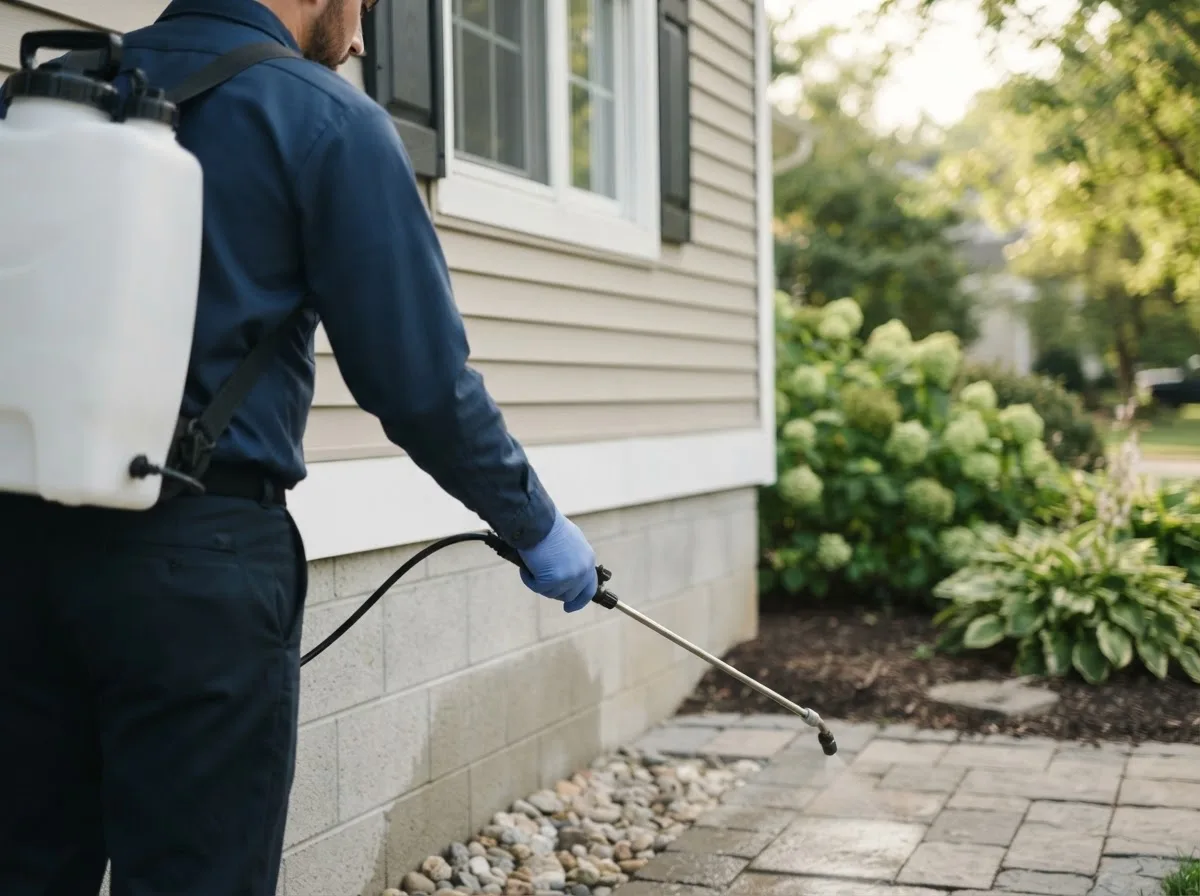 Pest control technician inspecting a home in Duxbury, MA